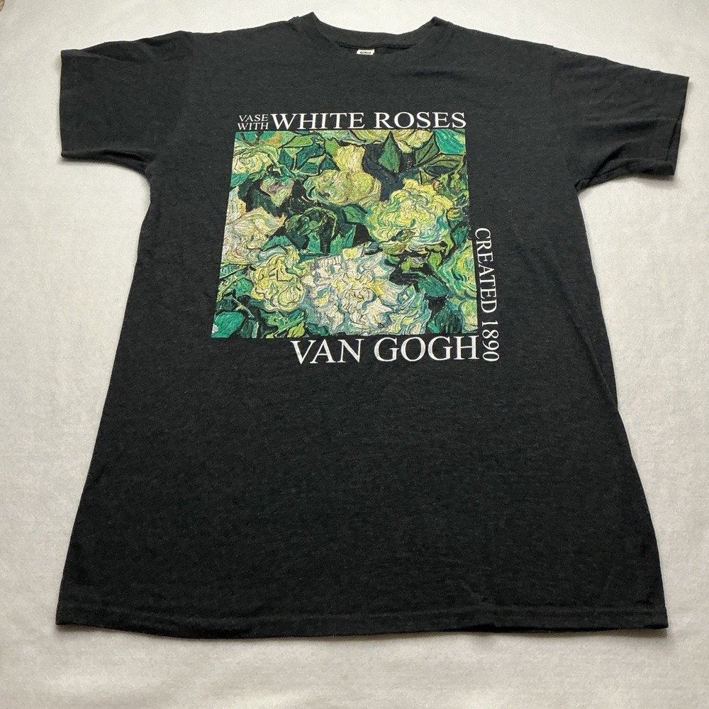 Van Gogh Vase With White Roses Graphic T-Shirt Charcoal Gray Medium